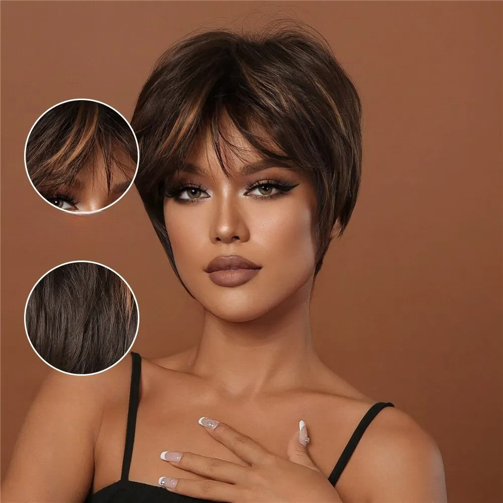 Perruque Courte Femme - NaturalLookPixie™ - Brun avec reflets