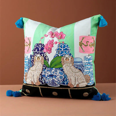 Housse de Coussin - SoftOrient™ - Chiens & Porcelaine Bleue