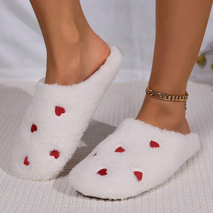 Pantoufles Femme - CozyWarmSlippers™ - Blanc à Cœurs Rouges