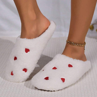 Pantoufles Femme - CozyWarmSlippers™ - Blanc à Cœurs Rouges