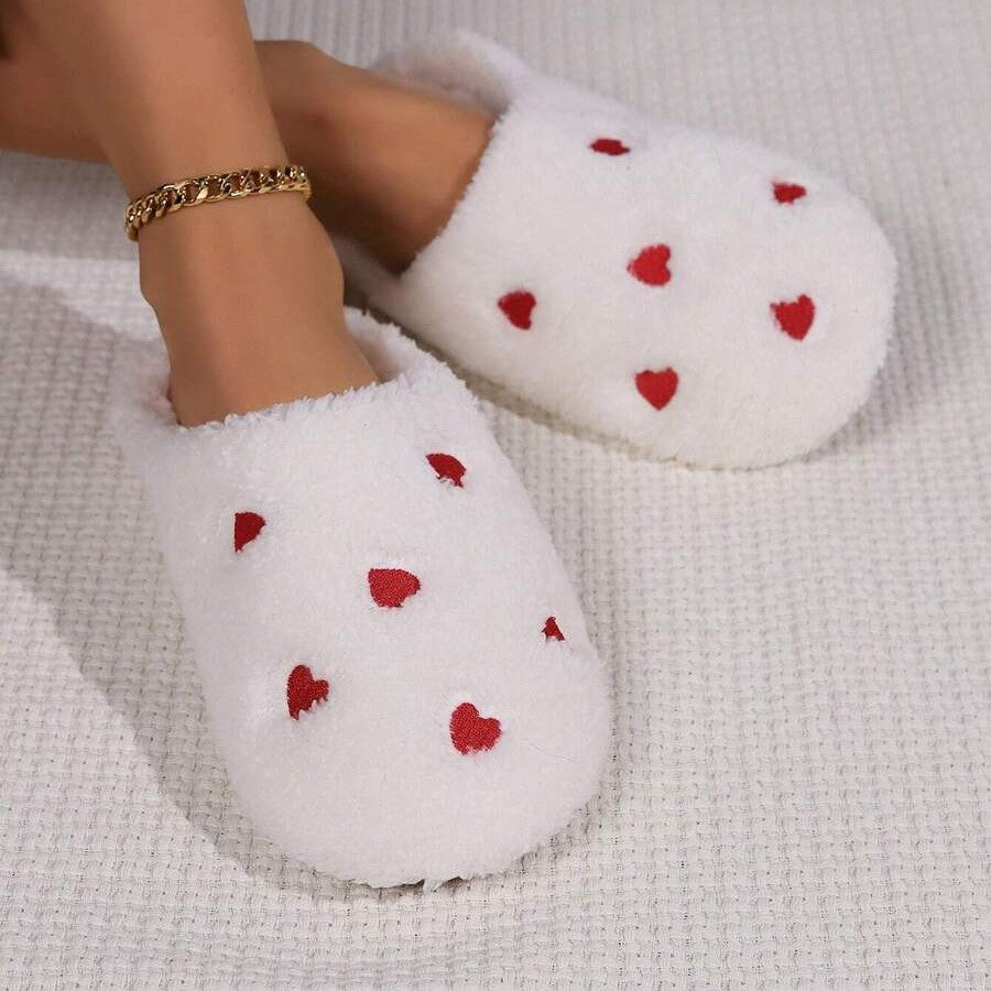 Pantoufles Femme - CozyWarmSlippers™ - Blanc à Cœurs Rouges