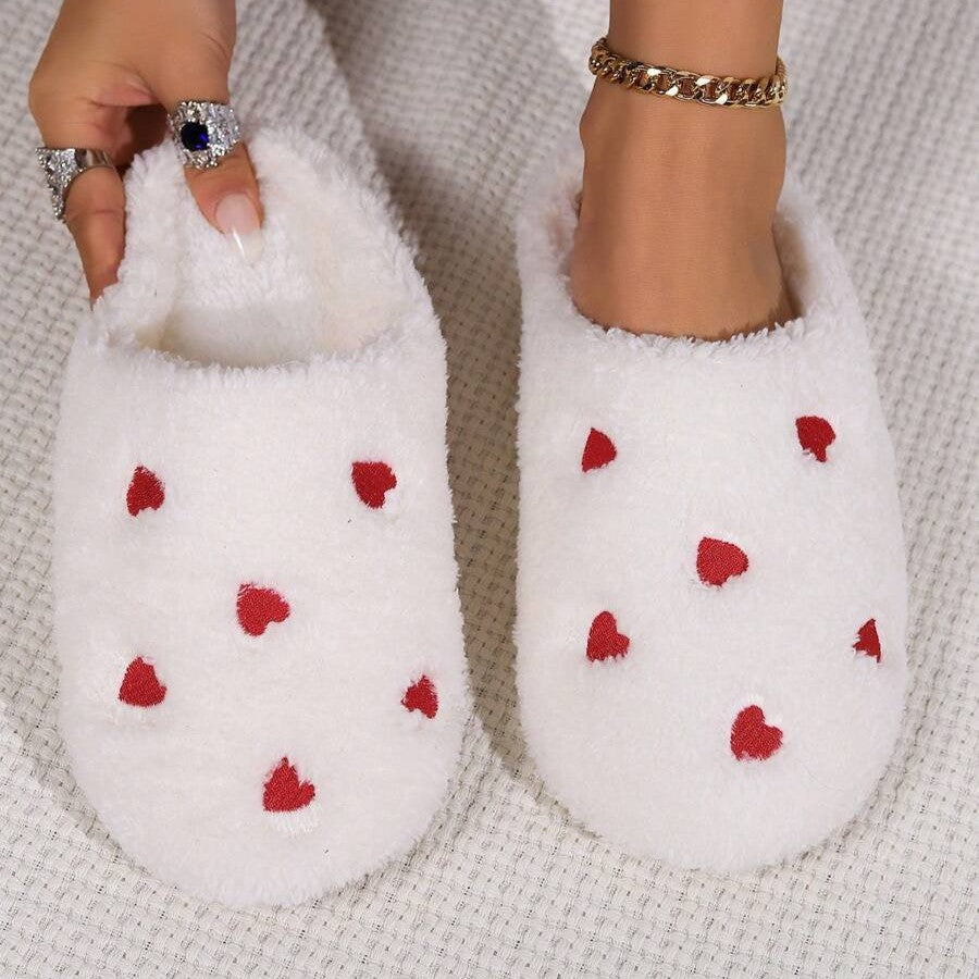 Pantoufles Femme - CozyWarmSlippers™ - Blanc à Cœurs Rouges