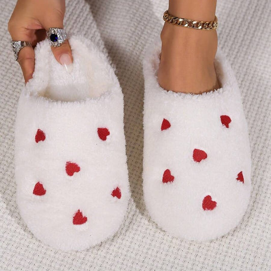 Pantoufles Femme - CozyWarmSlippers™ - Blanc à Cœurs Rouges
