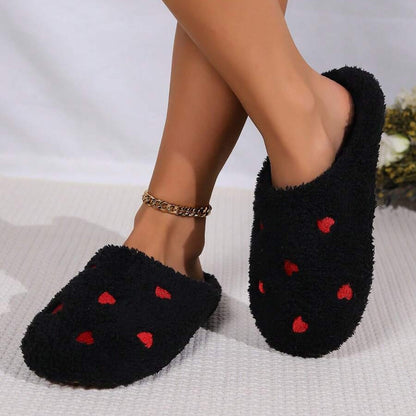 Pantoufles Femme - CozyWarmSlippers™ - Noir à Cœurs Rouges
