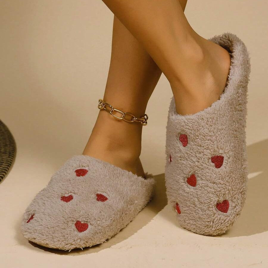 Pantoufles Femme - CozyWarmSlippers™ - Khaki à Cœurs Rouge