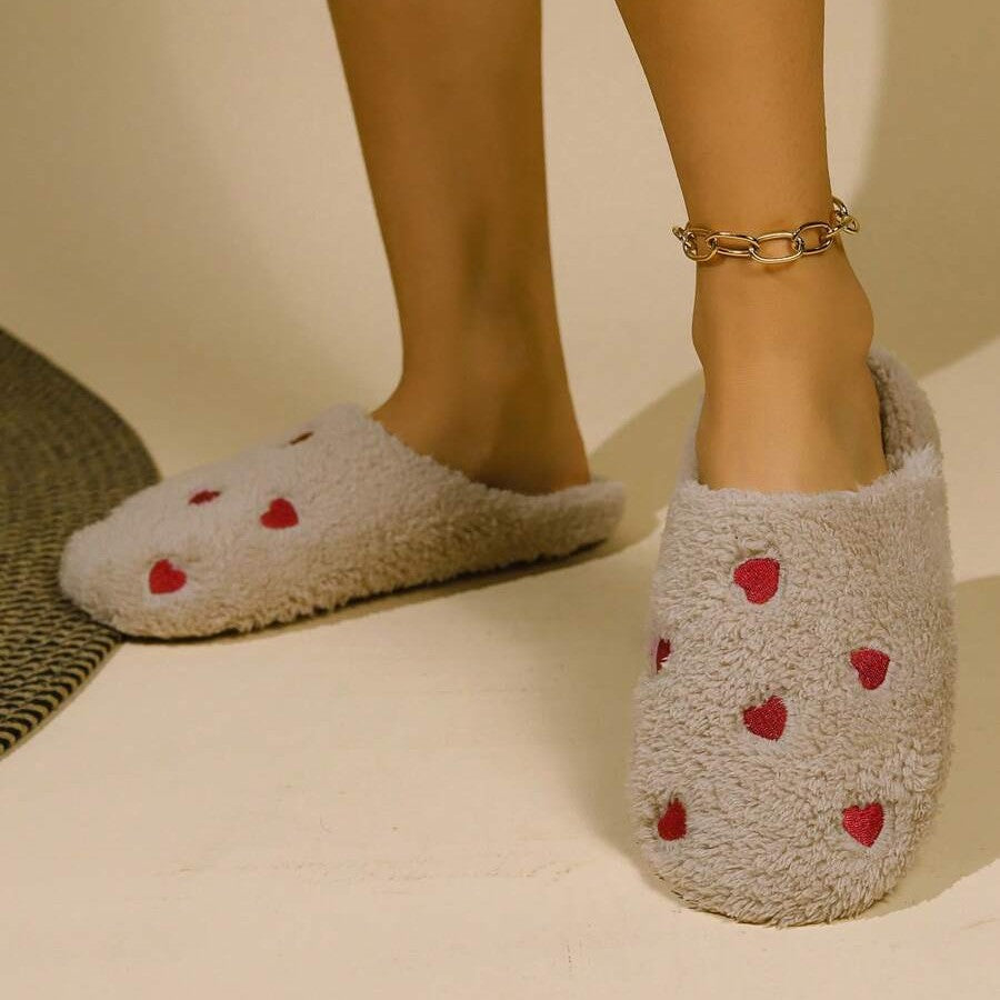 Pantoufles Femme - CozyWarmSlippers™ - Khaki à Cœurs Rouge