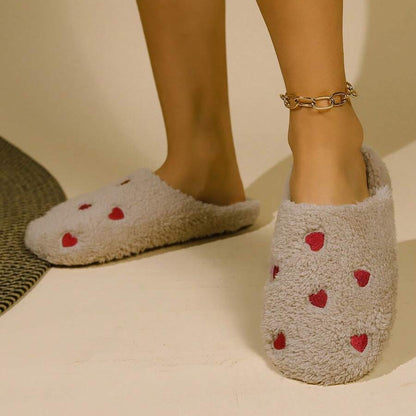 Pantoufles Femme - CozyWarmSlippers™ - Khaki à Cœurs Rouge