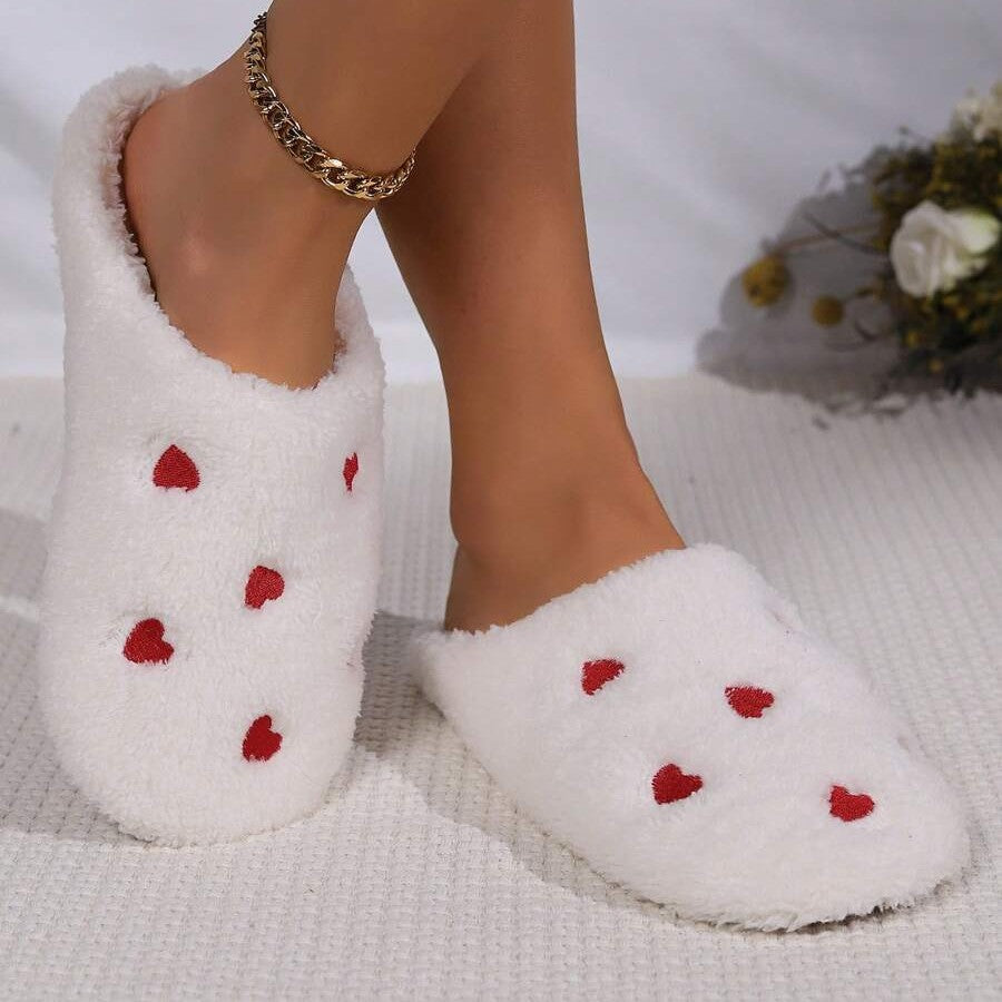 Pantoufles Femme - CozyWarmSlippers™ - Blanc à Cœurs Rouges