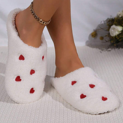 Pantoufles Femme - CozyWarmSlippers™ - Blanc à Cœurs Rouges