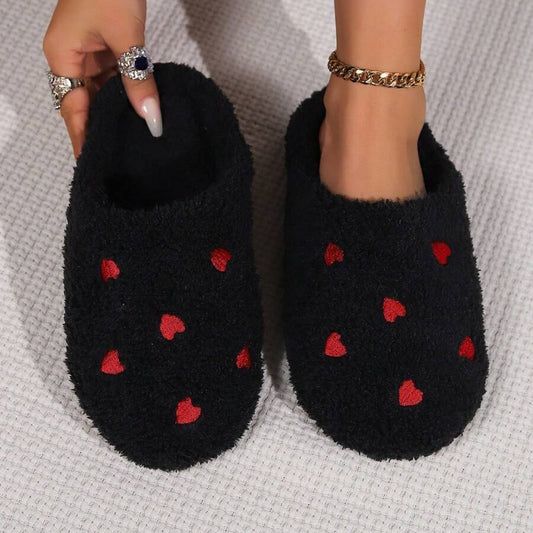 Pantoufles Femme - CozyWarmSlippers™ - Noir à Cœurs Rouges