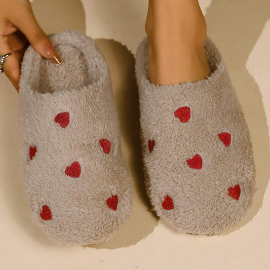 Pantoufles Femme - CozyWarmSlippers™ - Khaki à Cœurs Rouge