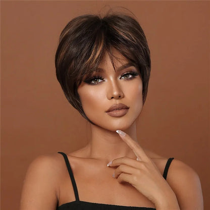 Perruque Courte Femme - NaturalLookPixie™ - Brun avec reflets