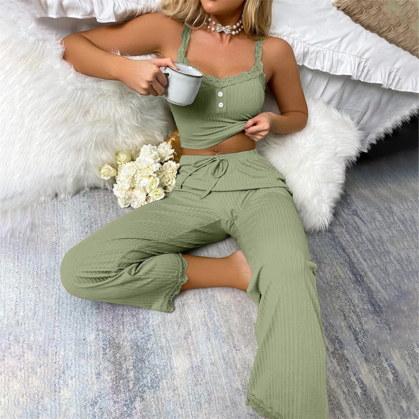 Pyjama Été Femme - LaceBreezeSet™ - Vert Clair