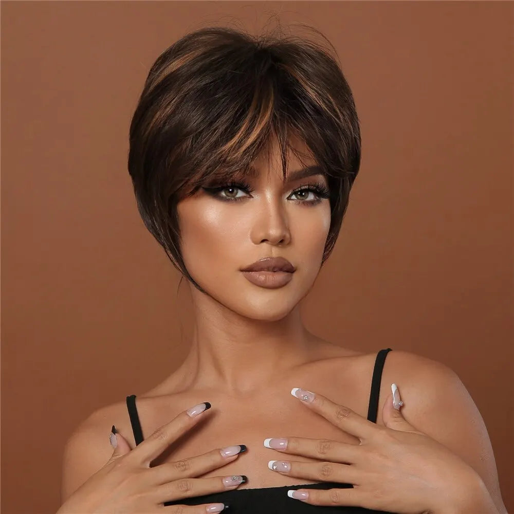 Perruque Courte Femme - NaturalLookPixie™ - Brun avec reflets