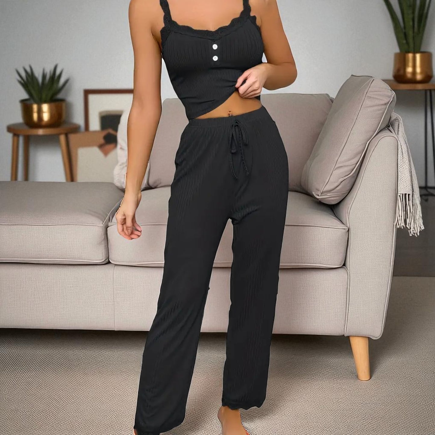 Pyjama Été Femme - LaceBreezeSet™ - Noir