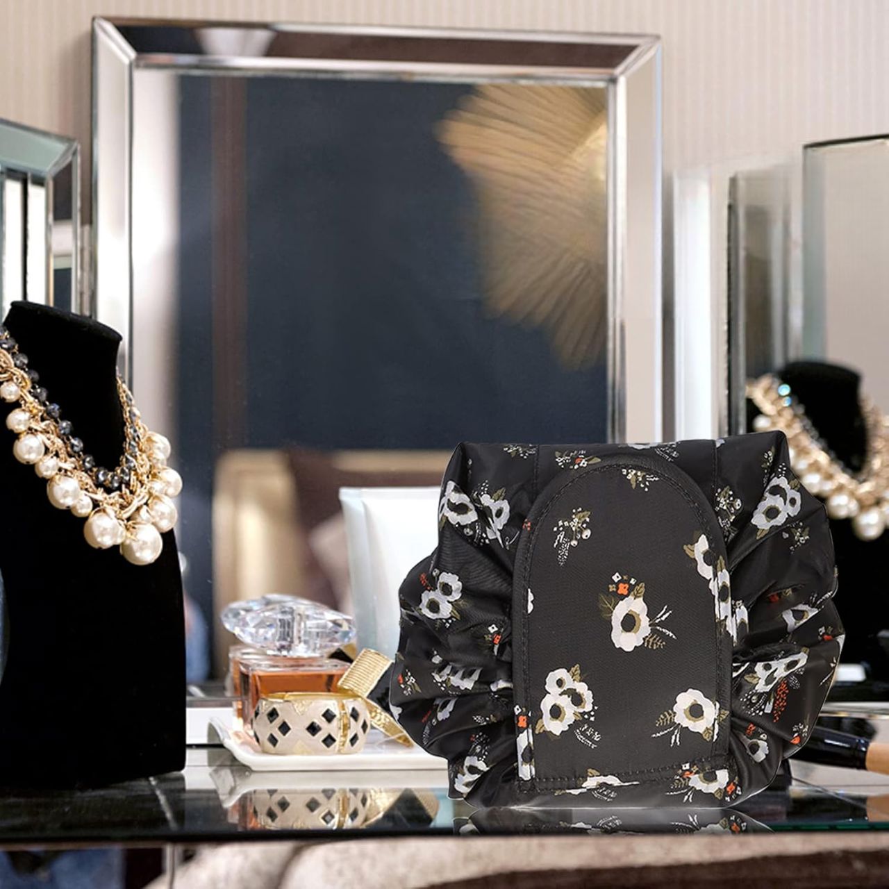 Trousse de maquillage - WomenCosmeticBag™ - Fleur Noir